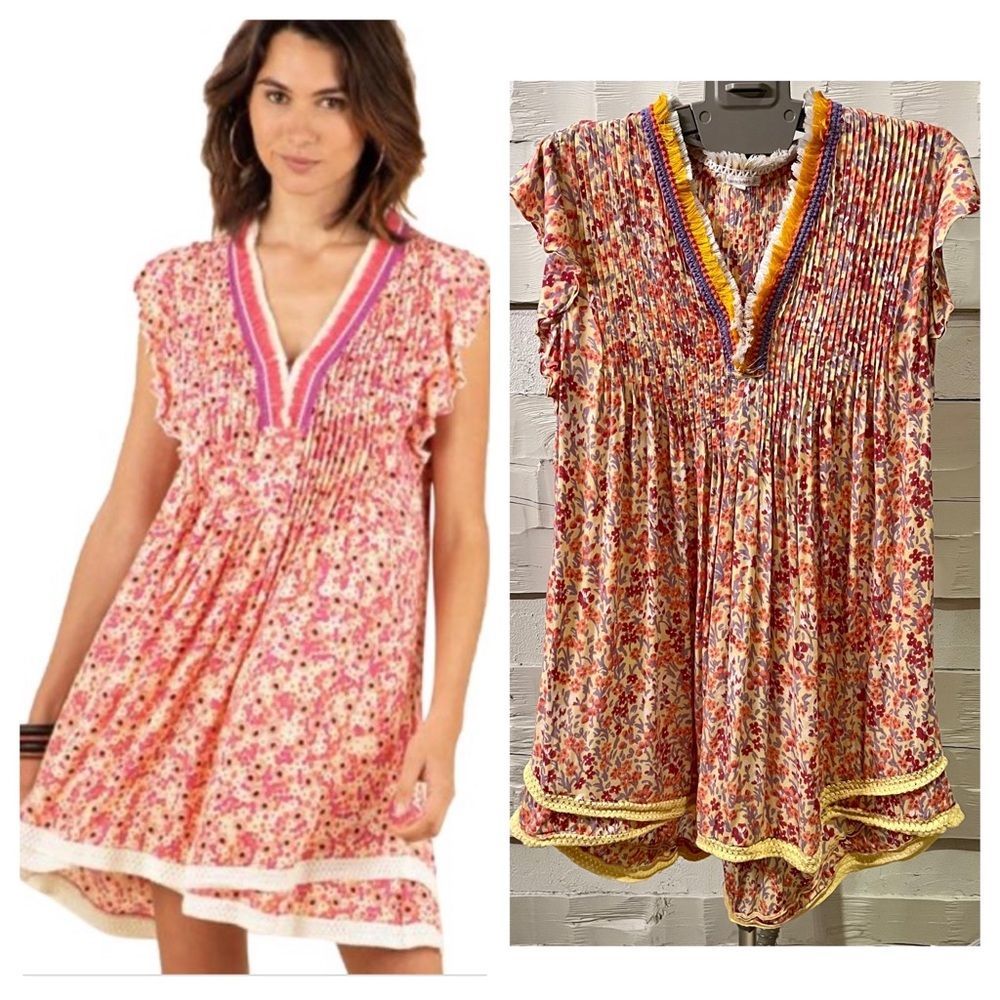 Poupette St Barth Sasha Floral Mini Dress M Pink Orange Resort Beach